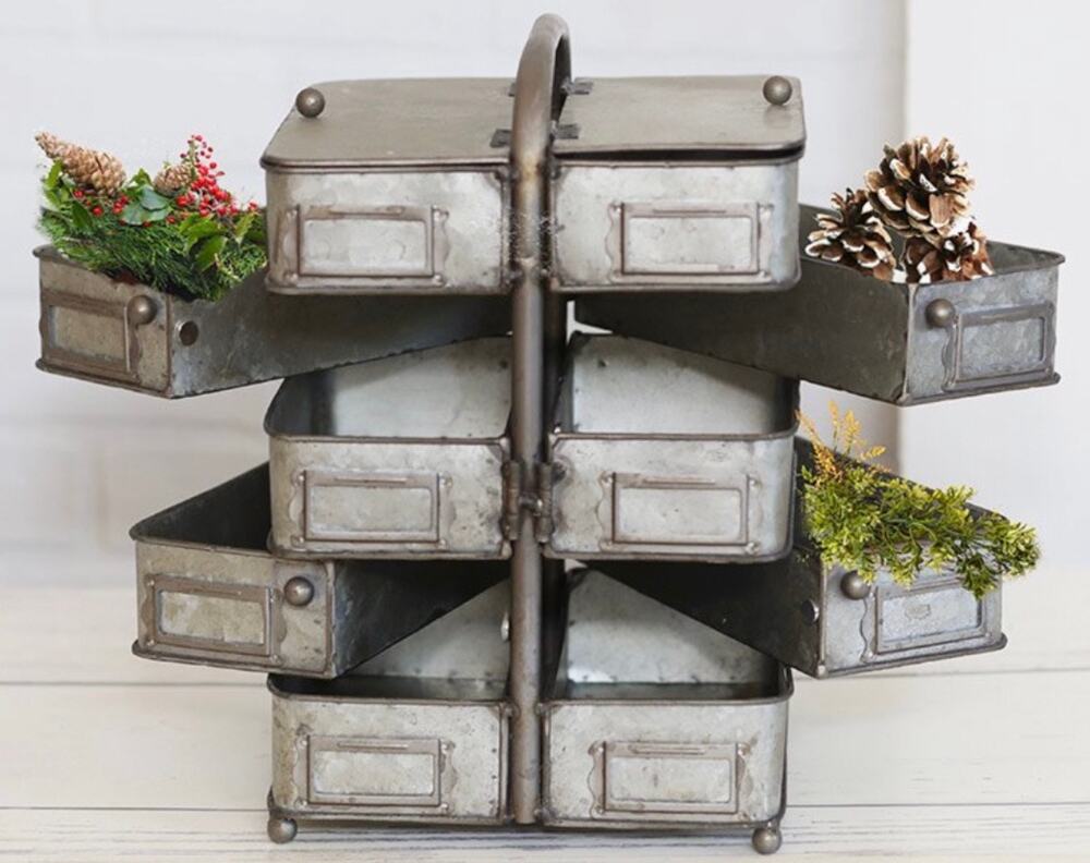 Galvanized Metal Swivel Caddy Desk Organizer Distressed Home Decor NEW